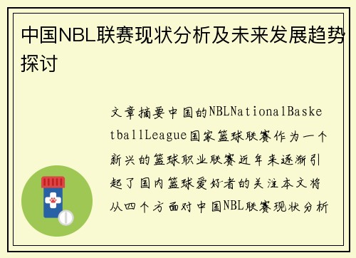 中国NBL联赛现状分析及未来发展趋势探讨